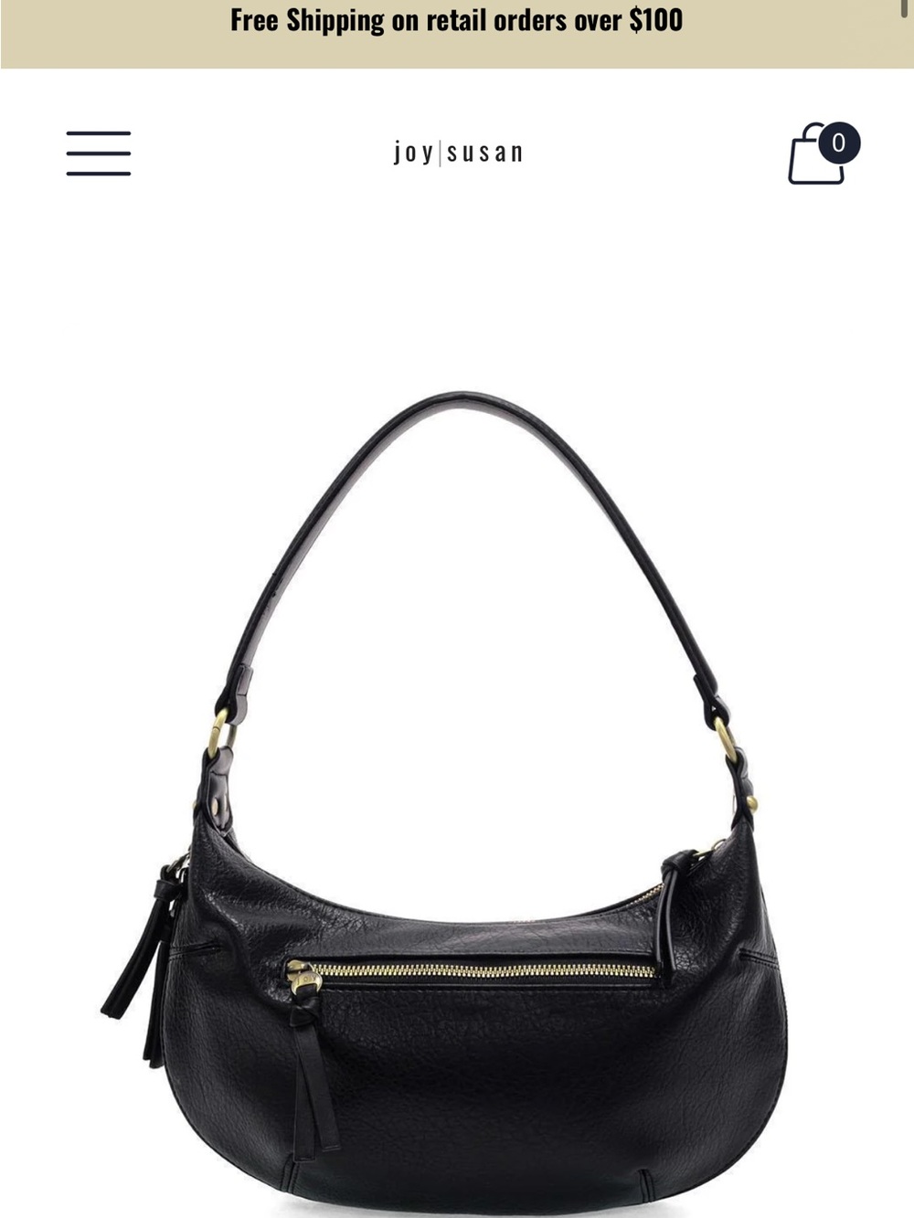 Joy Susan Black Leather Crescent Shoulder Bag with Gold-Tone Zipper NWT